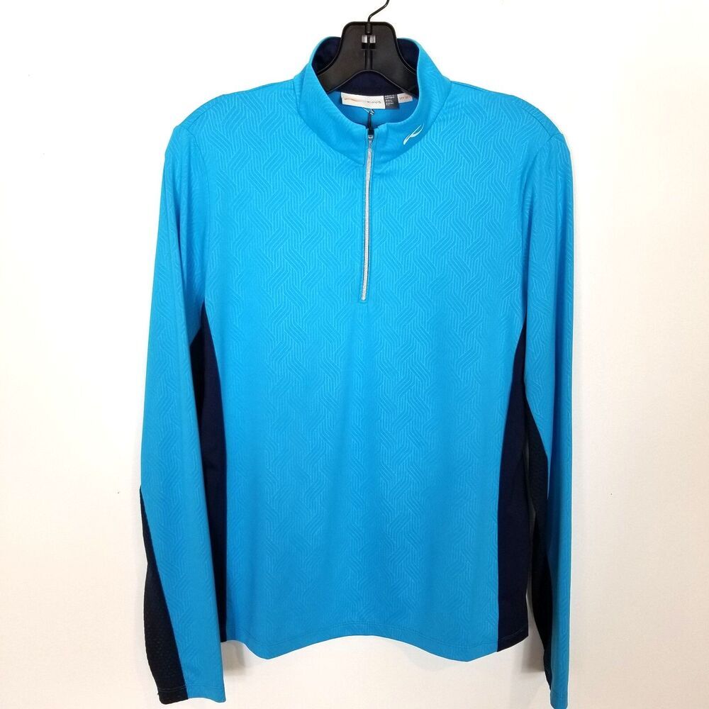 KJUS Women Sunshine Printed Zip Neck Shirt Sz L Blue UPF 50+ Long Sleeve Golf